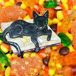 Faire Lipstick & Chrome Furmiliar Pyewacket Halloween Cat Brooch